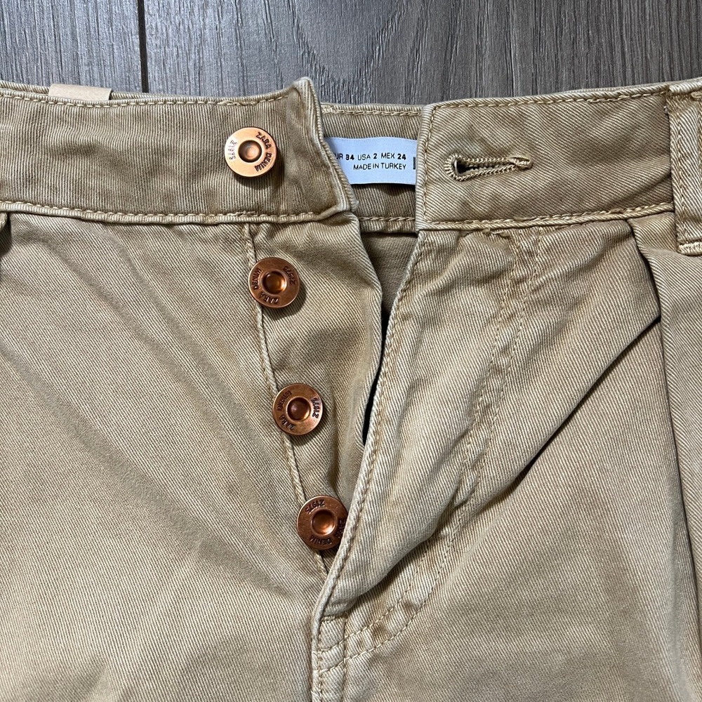Zara High Waist Khaki Cargo Pants Button Fly Womens 2 - Picture 3 of 5